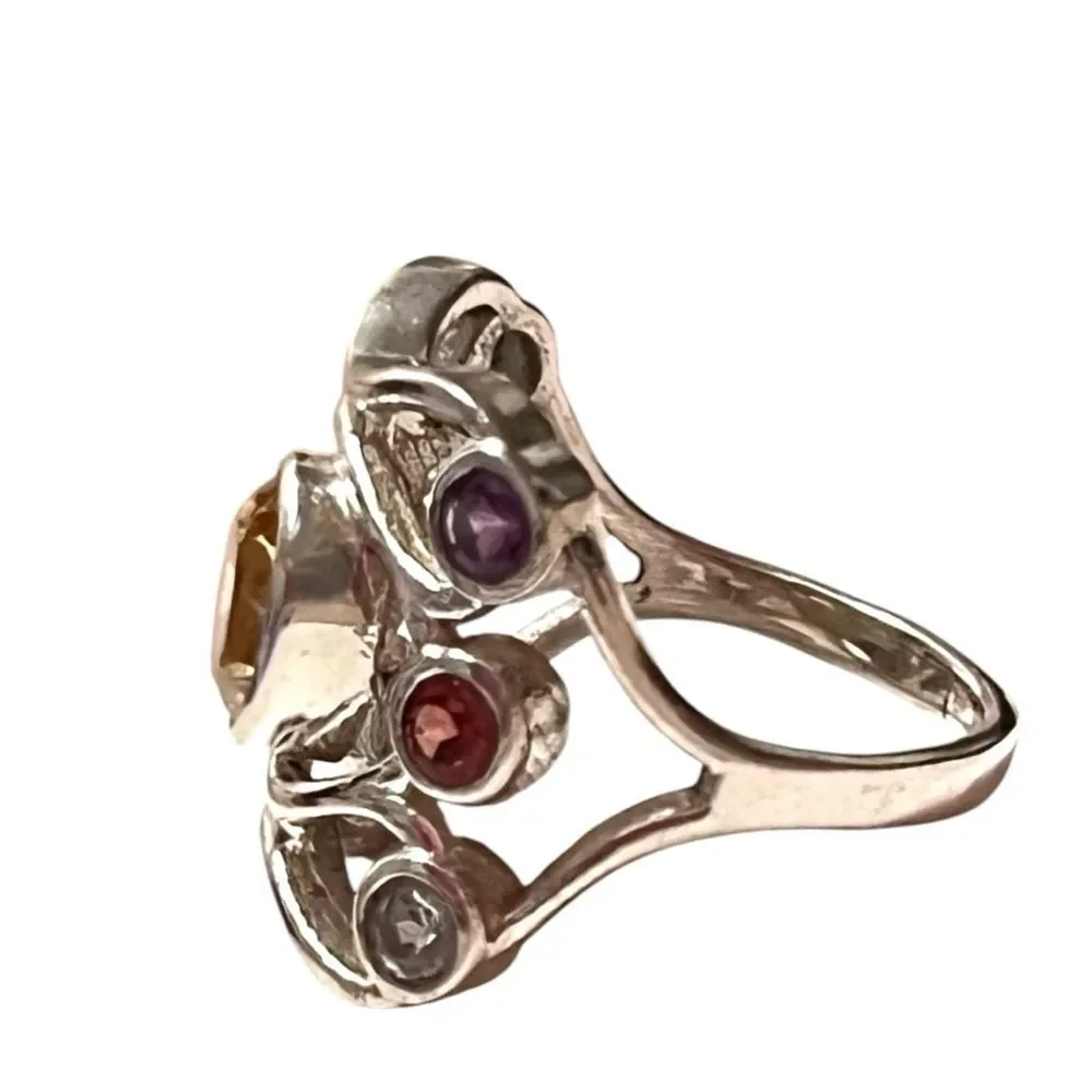 Stunning Sterling Silver Ring With Citrine Blue Topaz Garnet Amethyst Size 7